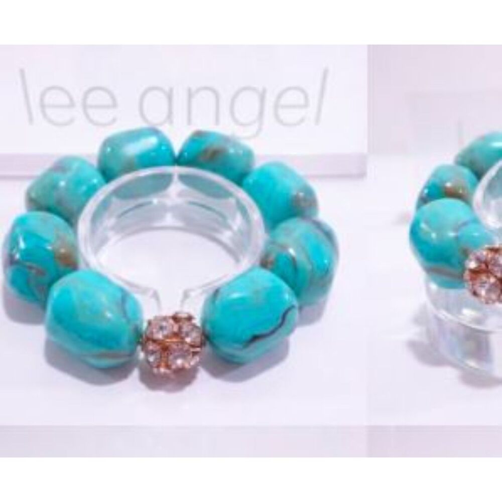 Lee Angel Women's Turq Swirl Marble Stone Fireball Stretch Bracelet NWT 125